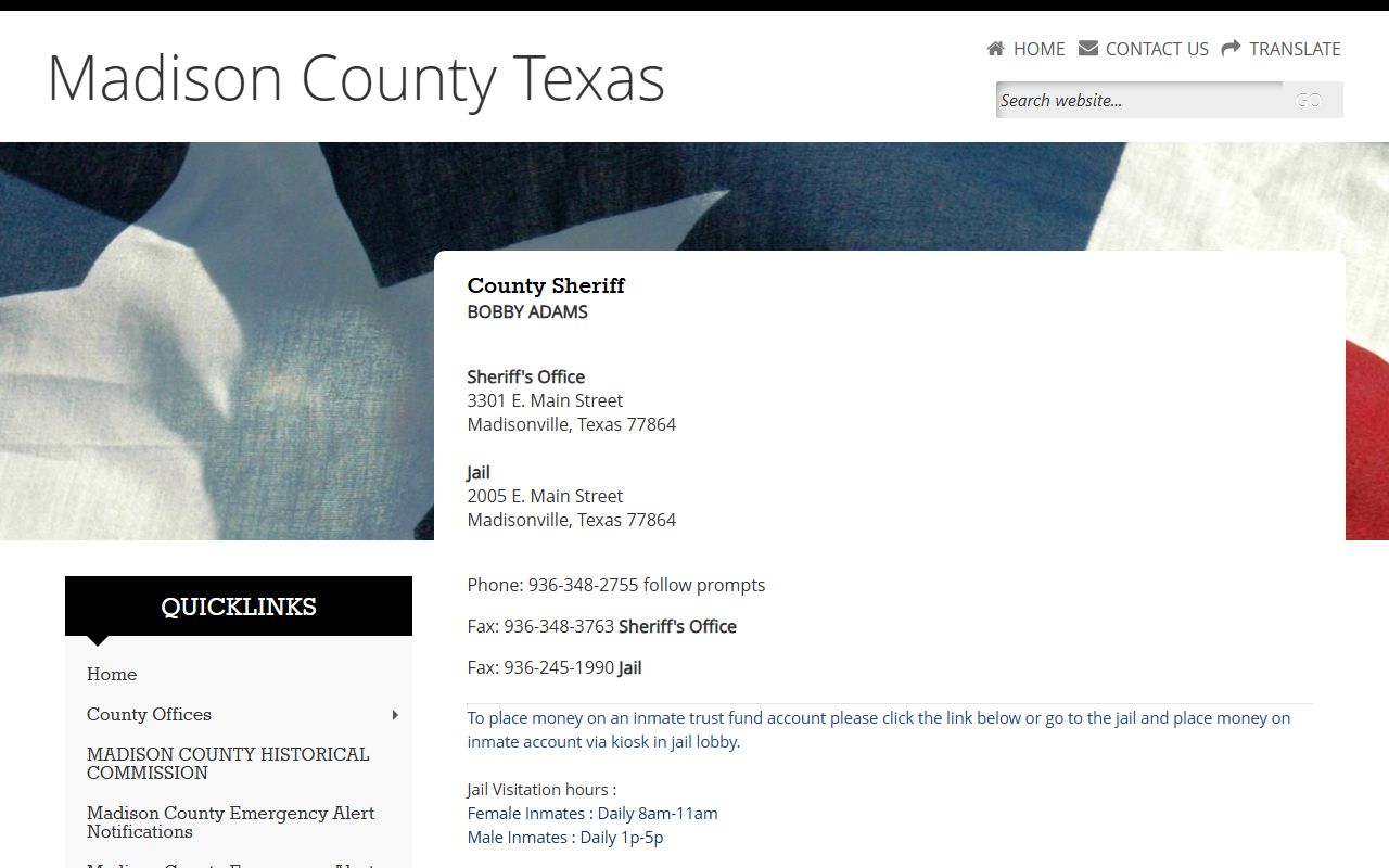 Madison County Sheriff's Office page showing jail address, roster link, visitation hours, and JailATM information
