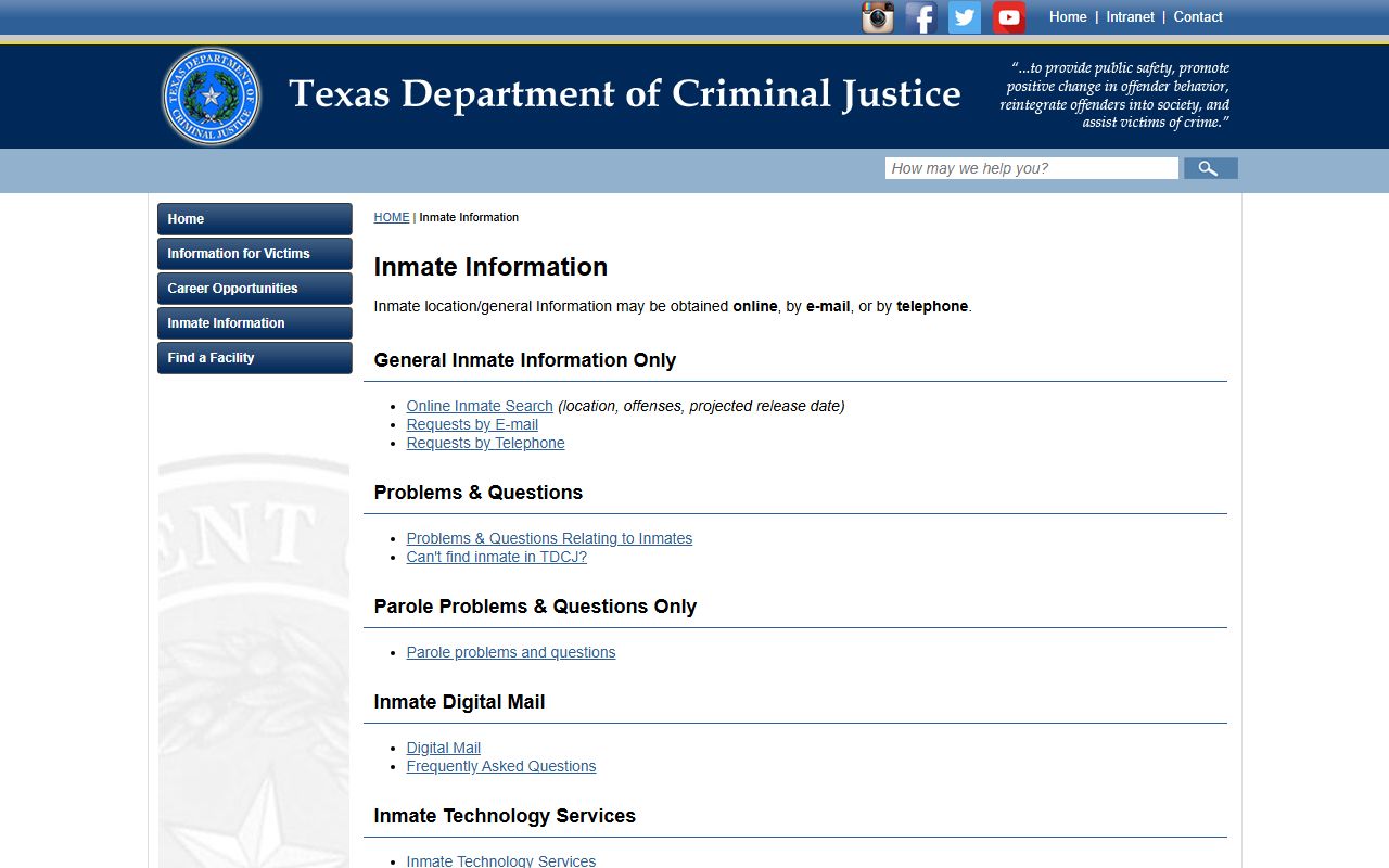 TDCJ inmate-information page showing offender lookup, visitation, money, digital mail, and related prison resources