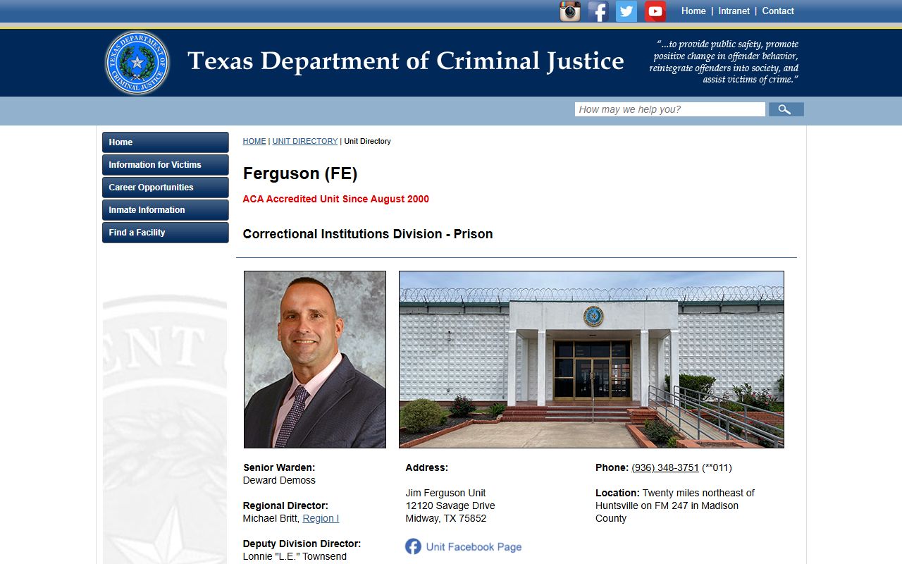 TDCJ Jim Ferguson Unit page with facility facts, capacity, custody levels, programs, and contact information