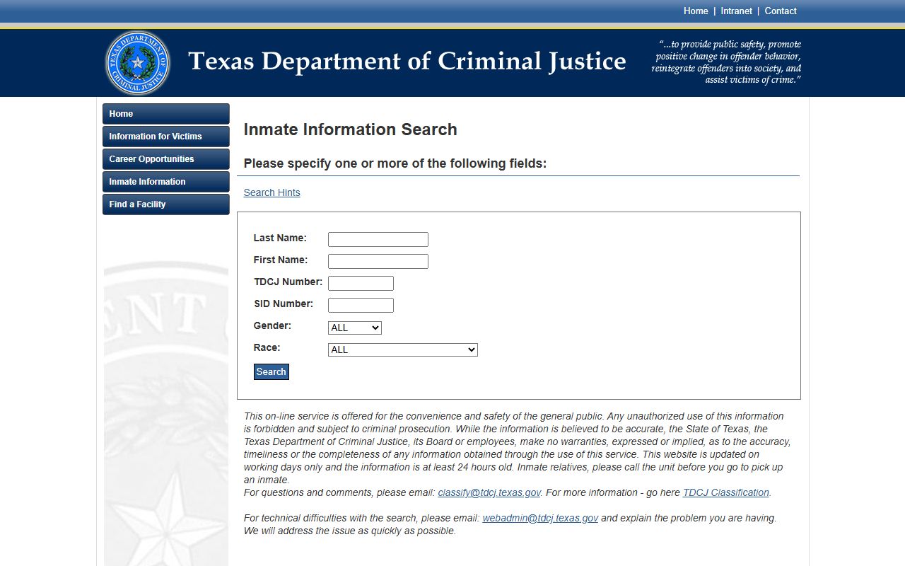 TDCJ online inmate search interface for finding state prisoners by name or identification number
